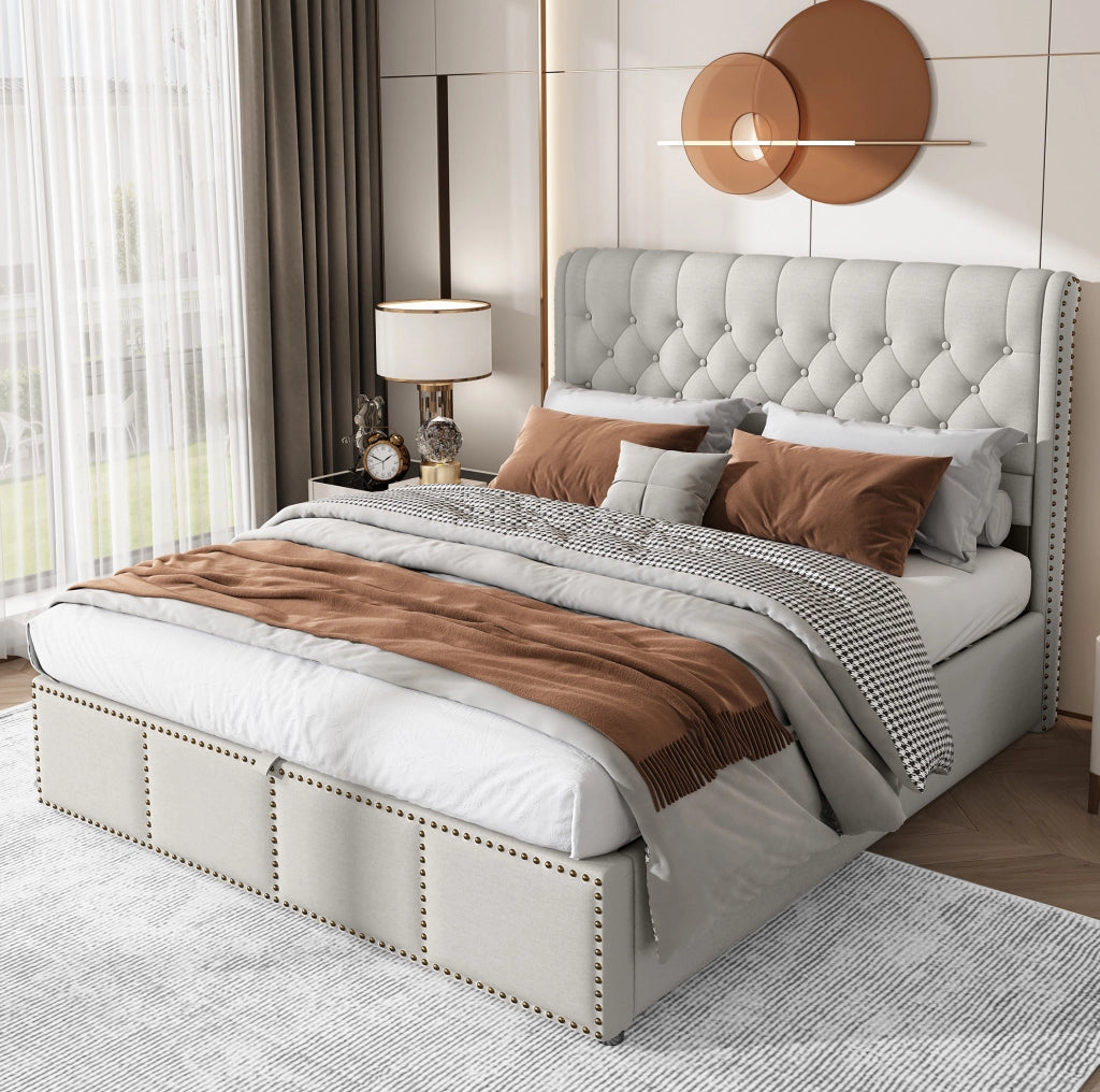 Letto matrimoniale contenitore 140x200 cm in tessuto lino grigio; con rete a doghe