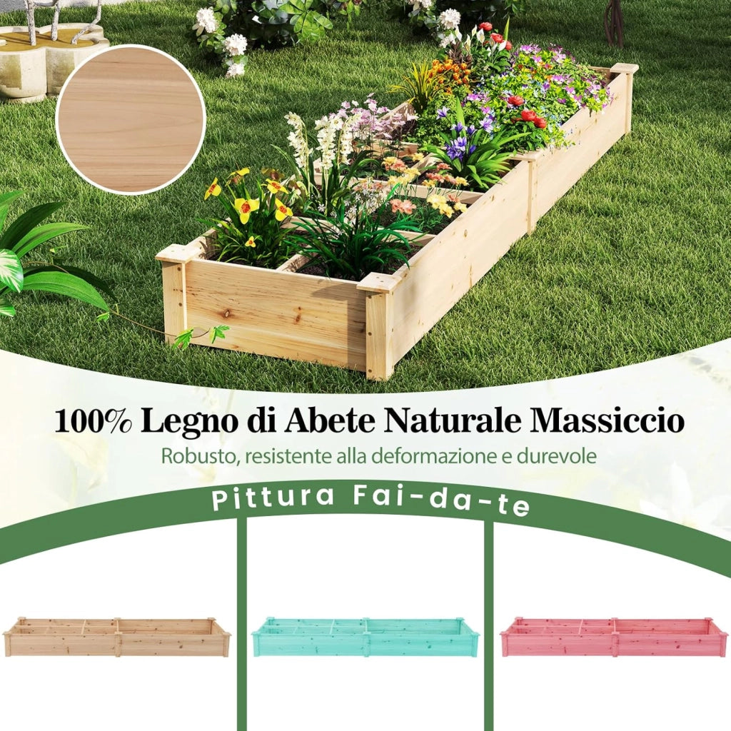 Lettino da Giardino Elevato in Legno con 2 Scatole per Piante e Separatori, Fioriera da Giardino Rialzato in Legno Massiccio da 228 cm per Fiori, Verdure, Frutta e Erbe (Naturale)