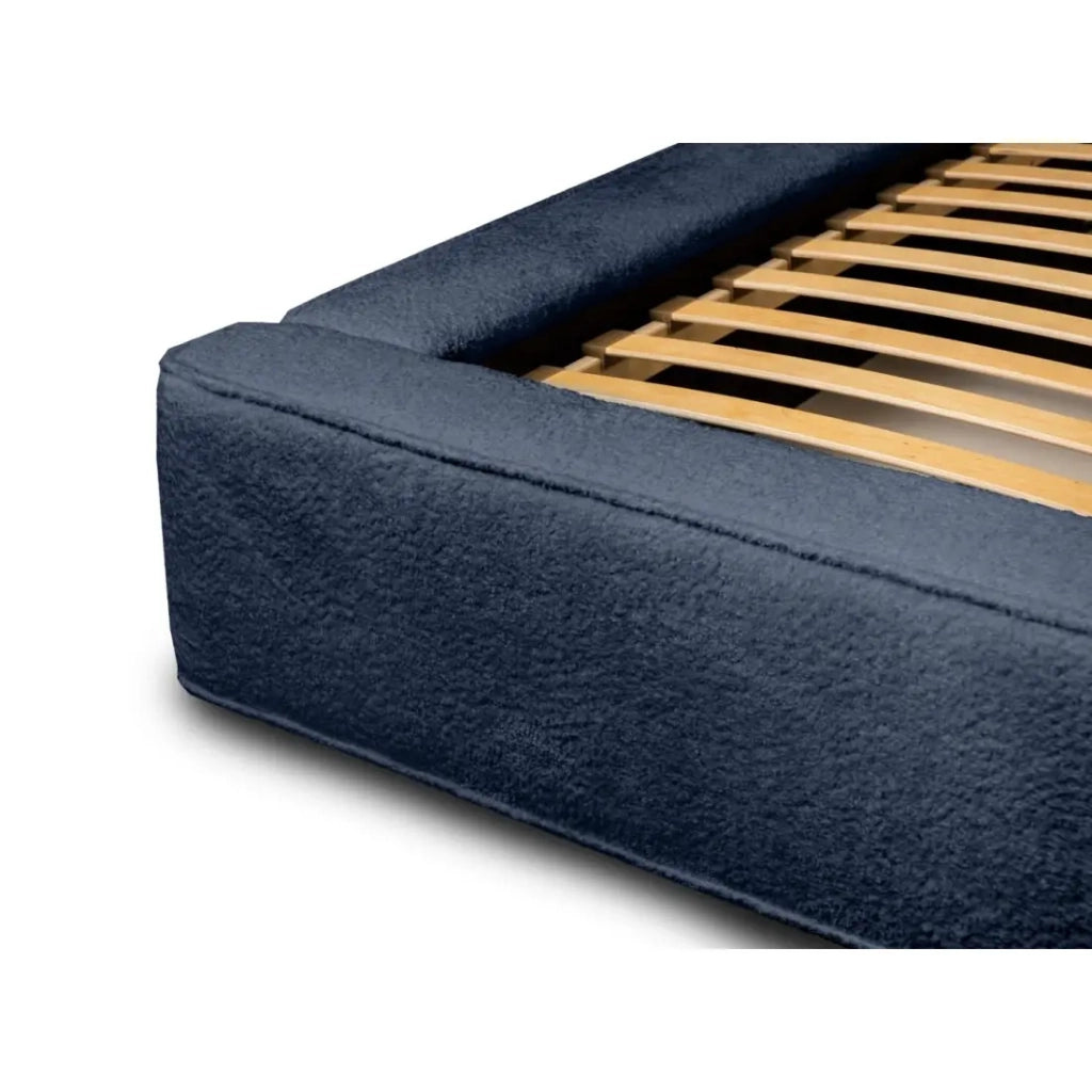 Letto contenitore VELORA – Blu acciaio bouclé – 160x200 cm – Tessuto velluto morbido – Rete sollevabile – Contenitore integrato