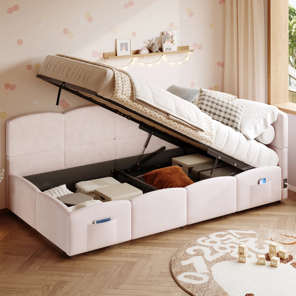 Letto a soppalco con contenitore idraulico velluto rosa 90x200 cm