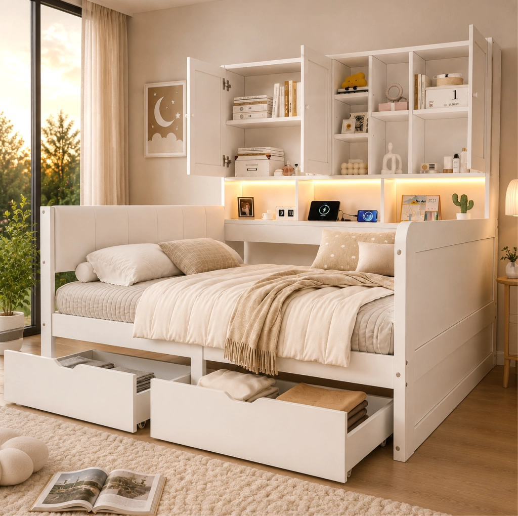Letto singolo e matrimoniale 140x200 cm con LED; porte USB; cassetti e vani; bianco