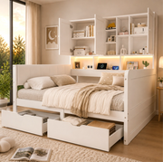Letto singolo e matrimoniale 140x200 cm con LED; porte USB; cassetti e vani; bianco