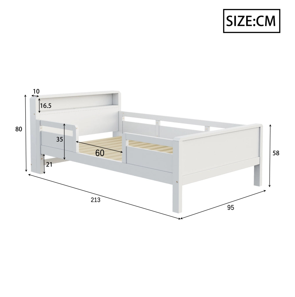 Letto singolo 90x200 cm con luce LED e presa USB e Type-C; testiera con ripiano; legno bianco