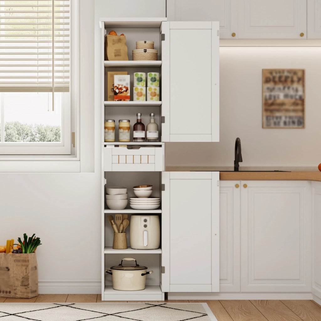 Credenza compatta 170x40x30 cm in MDF bianco con 2 ante, 1 cassetto e ripiani regolabili