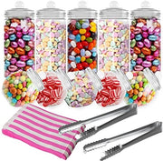 Set di Pappagomma Retro in Plastica - Contenitori per Frutta Leggeri con Coperchi - Stile Vittoriano Vintage, Kit di Buffet per Caramelle e Confetti per Feste con 2 Paletti & 50 Sacchetti di Carta Rosa a Strisce