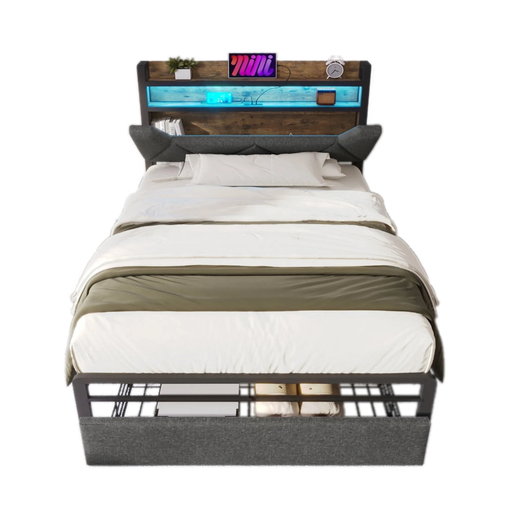 Letto singolo imbottito 90x200 cm con LED; USB e USB-C; testiera contenitore; cassetto e rete; grigio