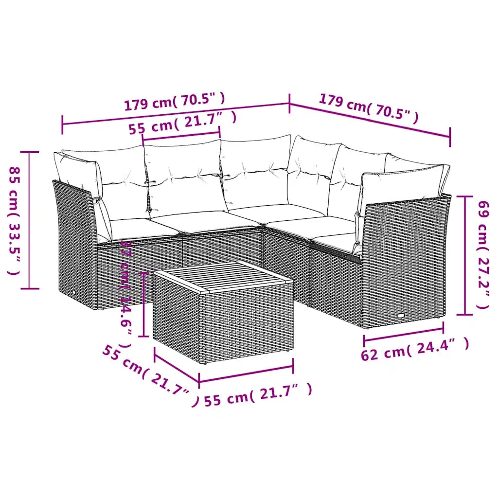 Set Divani da Giardino 6 pz con Cuscini Grigio in Polyrattan 3255970