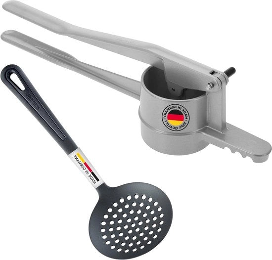 Set di Spätzle 2 parti 1 pressa per spätzle e patate con fori rotondi - Alluminio/Poliacetilene - Argento/Nero