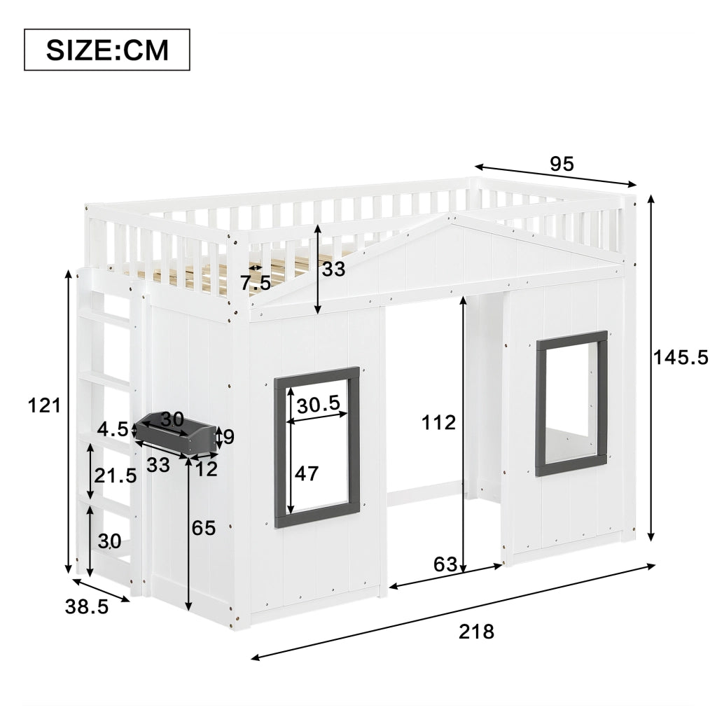 Letto a soppalco per bambini 90x200 cm bianco e grigio con scala e parapetti