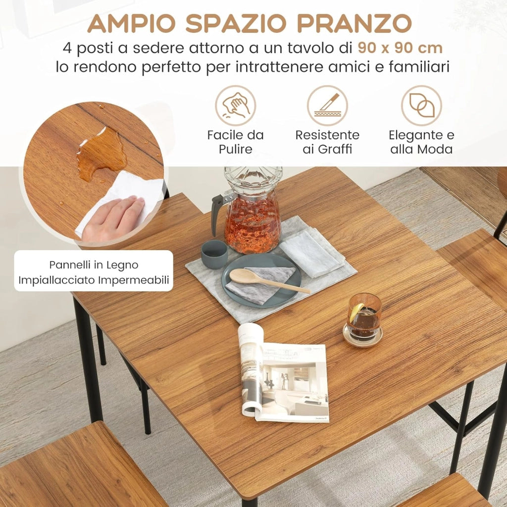 Set 5 Pezzi Tavolo da Pranzo, 1 Tavolo Rettangolare e 4 Sedie con Poggiapiedi, Set di Tavolo da Pranzo Salvaspazio per Casa Ristorante Bar (Noce)