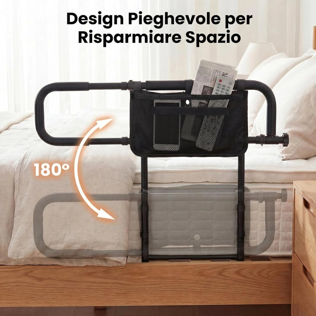 Sponda Letto Anziani Regolabile e Pieghevole, Altezza/Larghezza Aggiustabile, Tasca Rimovibile, Maniglie Imbottite e Base a U, Adatto a Letti King/Queen, Supporto fino a 136 kg (Nero)