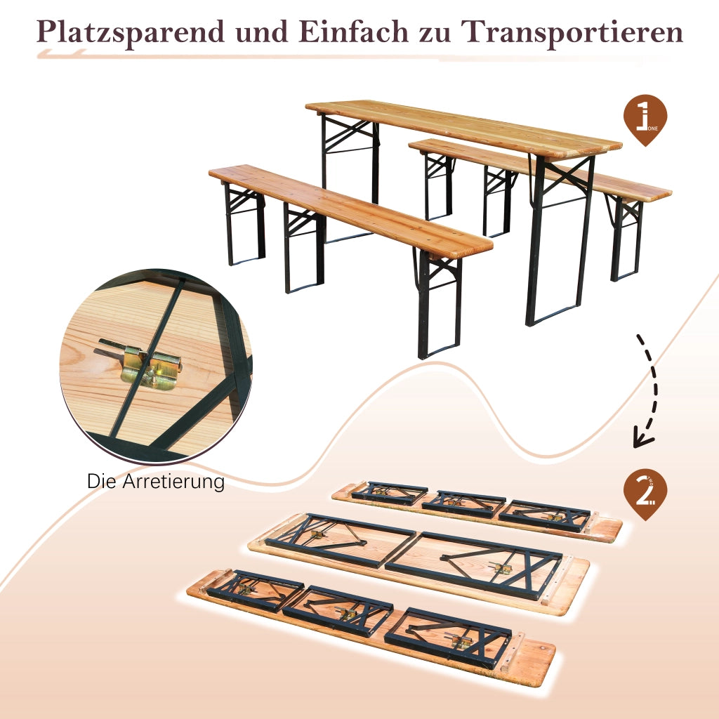 Set Tavolo e Sedie da Giardino con 1 Tavolo Pieghevole e 2 Panche Pieghevoli; Legno e Metallo; Naturale