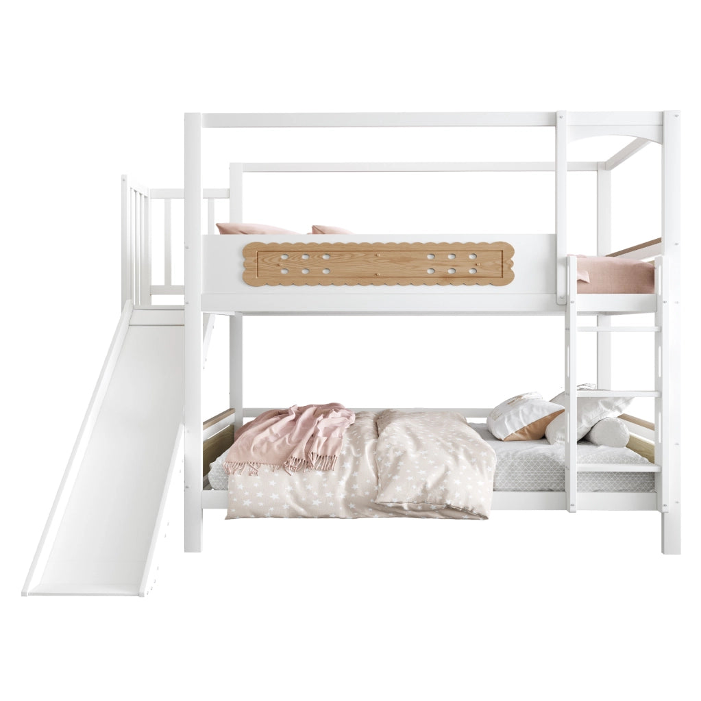Letto a castello per bambini 90x200 cm con scivolo; scala larga e sponde; legno naturale e bianco