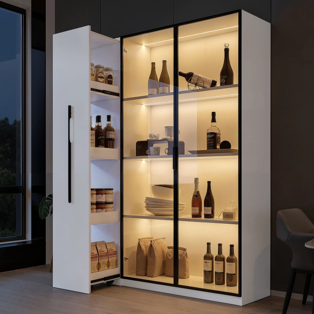 Vetrina LED 110，5x35x160 cm in MDF bianco con vano laterale
