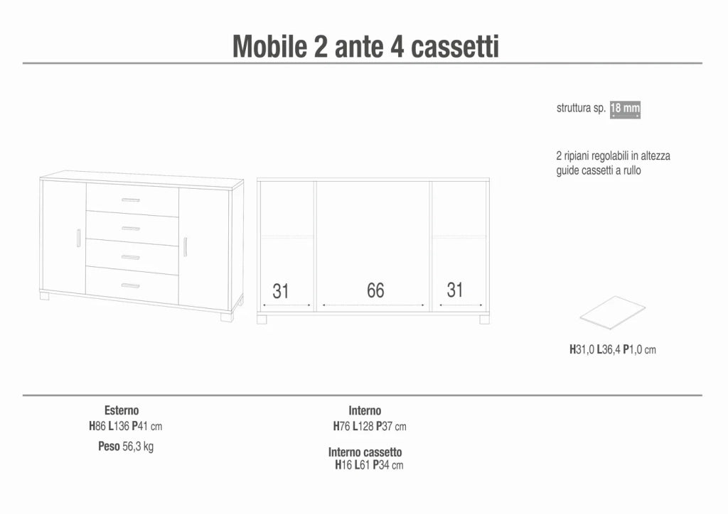 Credenza madia mobile con 2 ante e 4 cassetti 136x41x86H cm in kit di montaggio colore Olmo chiaro