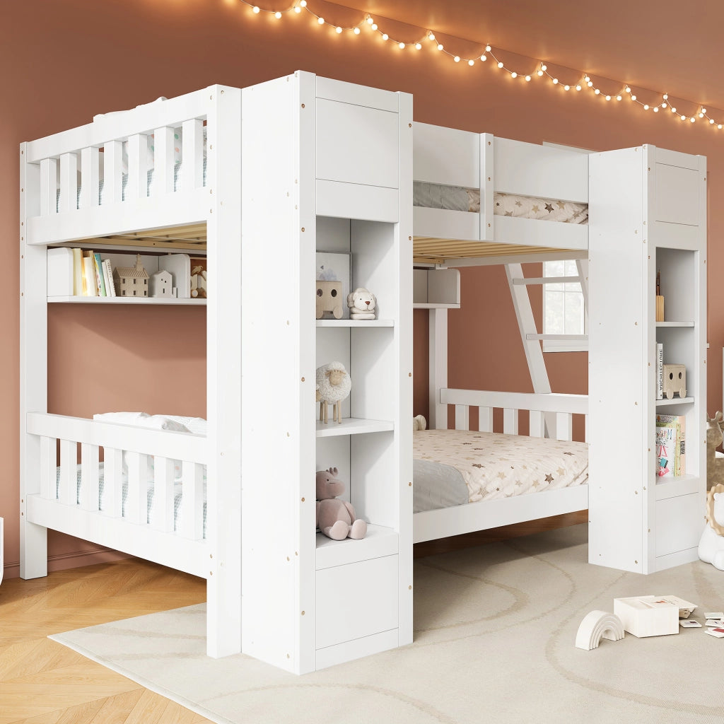 Letto a Castello 90x200 cm; 2 Posti - Contenitore; Ripiani; Scala reversibile - Bianco