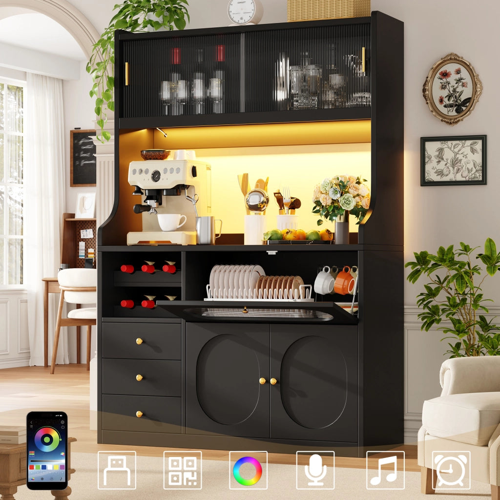 Credenza alta con vetrina, 3 cassetti, portabottiglie e ante a ribalta, per cucina e pranzo, nero, 120 × 40 × 180 cm