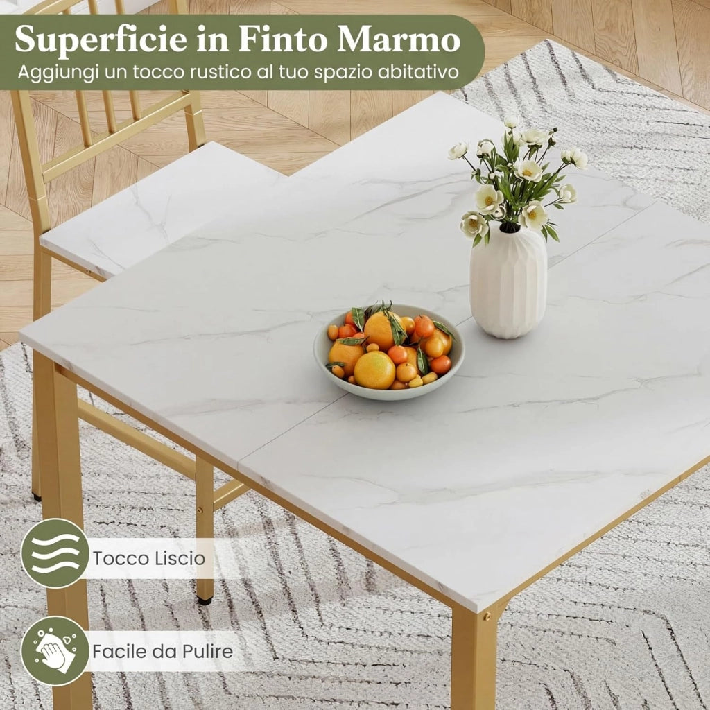 Set da Pranzo per 4 Persone, Set Cucina Bar 5 Pezzi con Superficie in Finto Marmo, Tavolo Quadrato in Legno e 4 Sgabelli Alti per Angolo Colazione e Sala da Pranzo (Bianco)