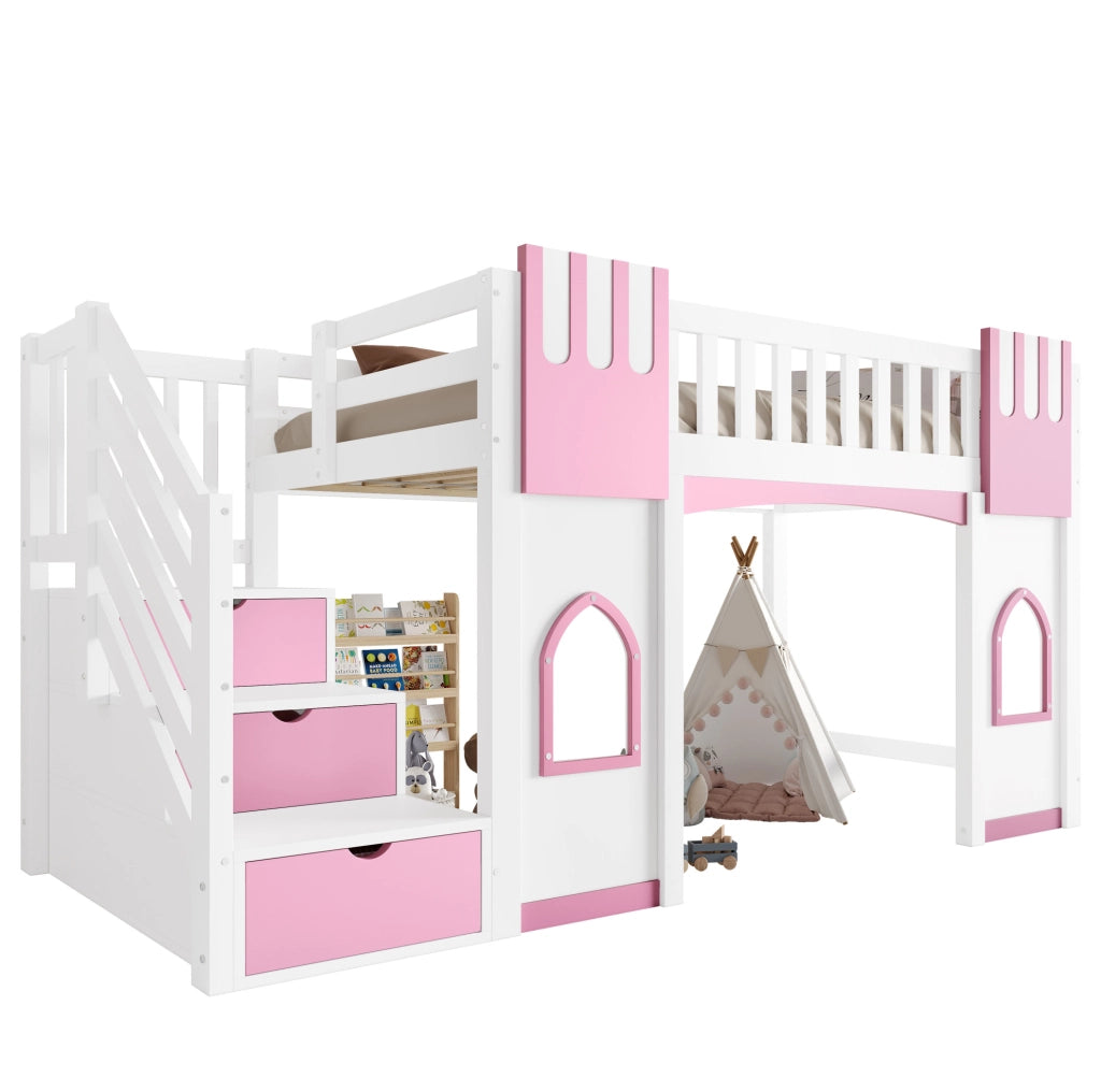 Letto a soppalco 90x200 cm con scala contenitore, bianco/rosa