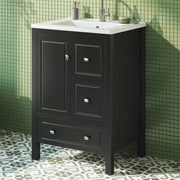 Mobile sottolavabo da bagno con lavabo in ceramica, 1 porta e 3 cassetti, in MDF laccato, nero, 62 × 47 × 90 cm