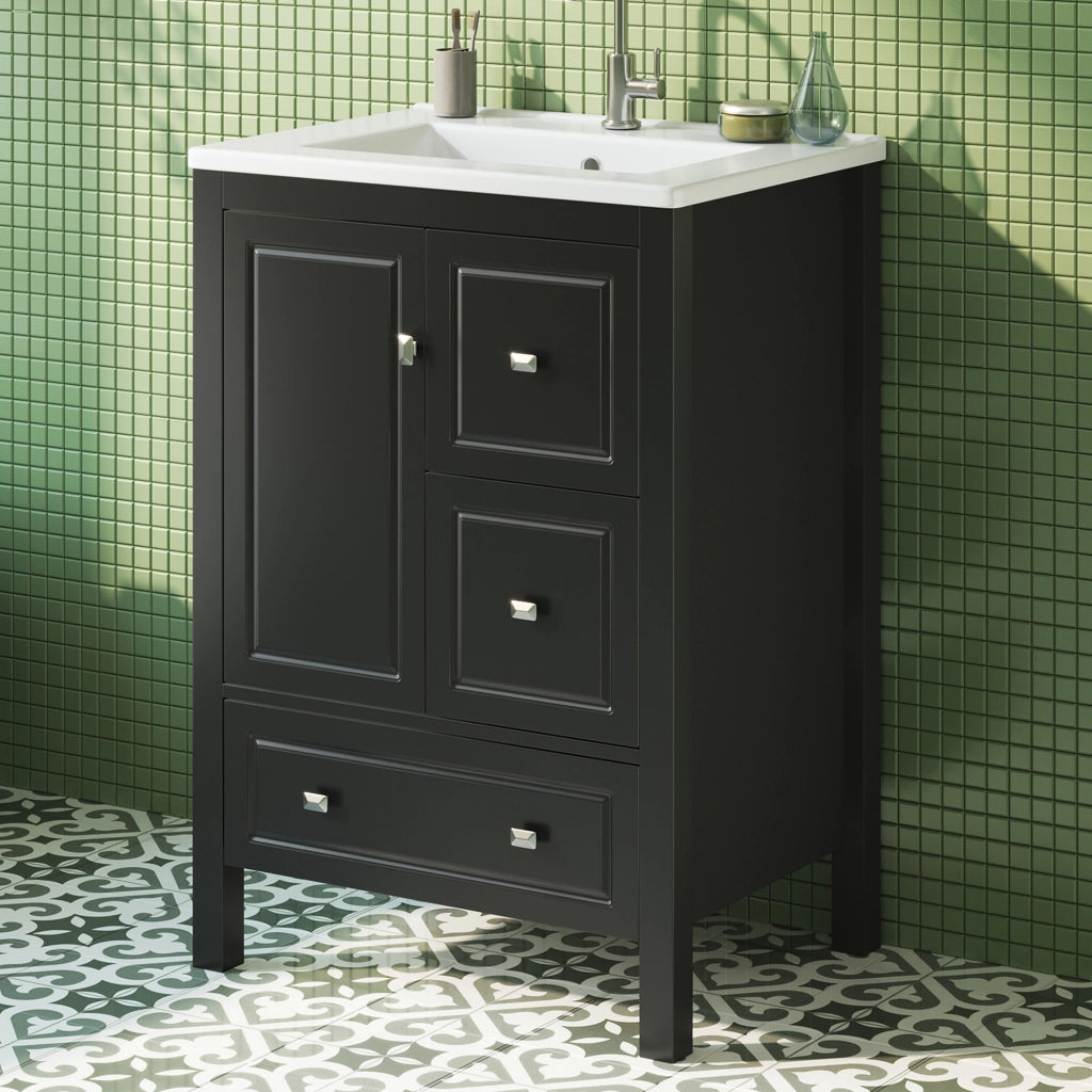 Mobile sottolavabo da bagno con lavabo in ceramica, 1 porta e 3 cassetti, in MDF laccato, nero, 62 × 47 × 90 cm
