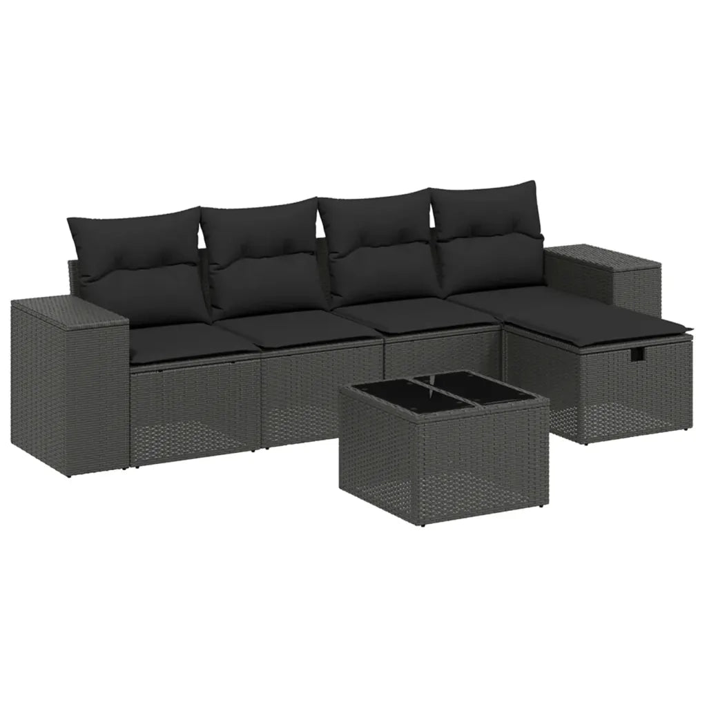 Set Divano da Giardino 6 pz con Cuscini Nero in Polyrattan