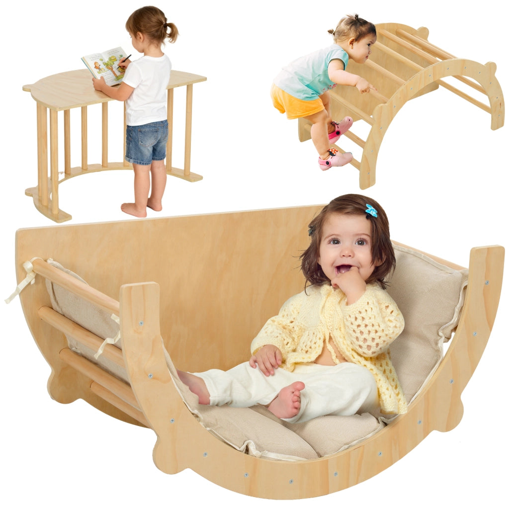Letto a soppalco con scivolo, dondolo e tavolo gioco ¨C zephmum ¨C legno naturale per bambini