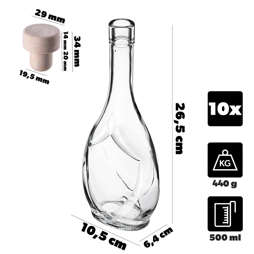 KADAX Icona Bottiglia in vetro da 500 ml (0,5 l) Bottiglie da vino 10 pezzi + tappo di sughero