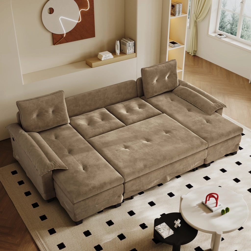 Divano Letto Angolare Modulare ¨C MINIMAL ¨C Tessuto Khaki, con USB, Braccioli Rimovibili, 278 cm