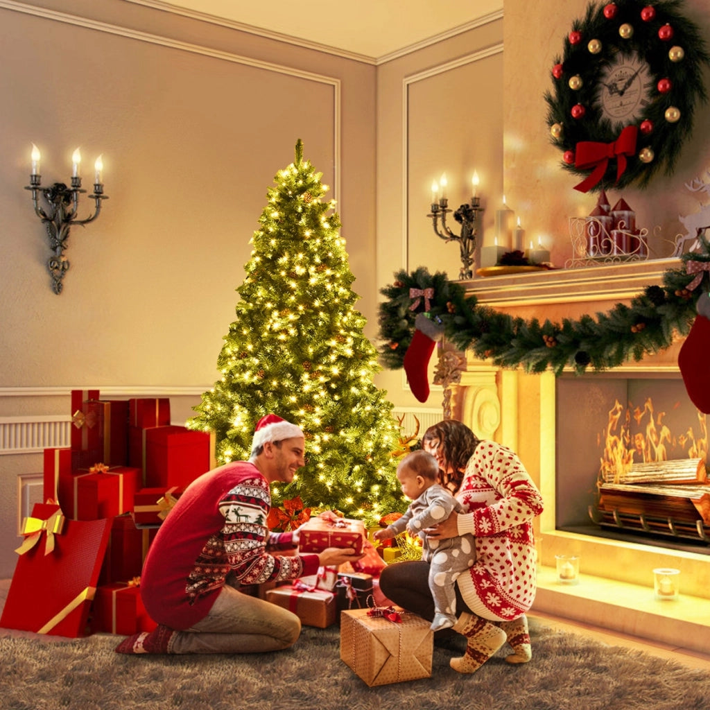 Albero di natale artificiale 210cm con 460 LED, 61 pigne, 925 rami e un supporto in metallo-Alberi di Natale