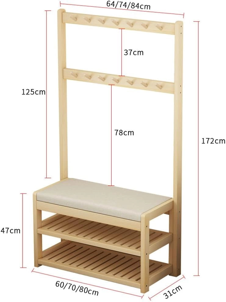 Appendiabiti in Legno, Appendiabiti indipendenti, Appendiabiti con Panca per Scarpe e 5 Ganci, Appendiabiti per Camera da Letto, casa, Ufficio, Interni