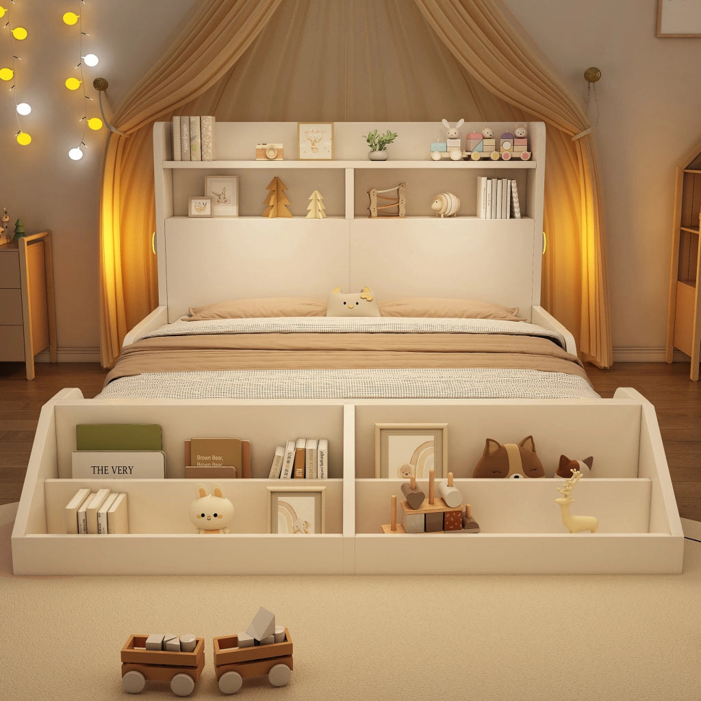 Letto per Bambini 140 x 200 cm - Mensole; Luci Notturne e Libreria Rimovibile - Bianco