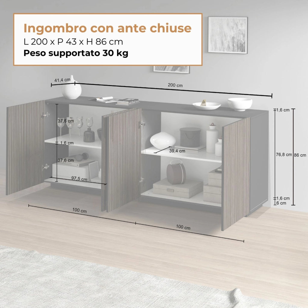 WHOUS Credenza Coste a 4 ante effetto cannetè antracite opaco e legno scuro 200x43x86 cm