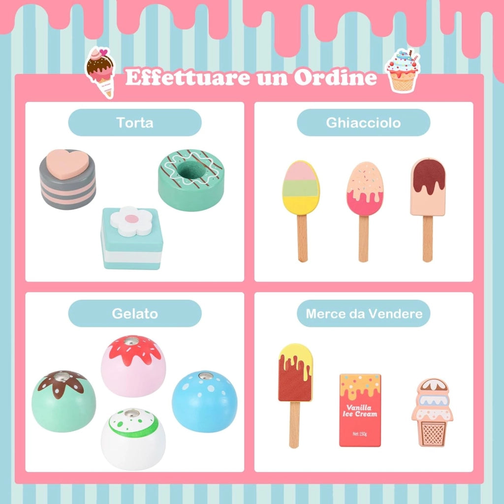 Gelateria Giocattolo per Bambini con Gelatiera, Carrelo dei Gelati in Legno con Ruote e Maniglia, Negozio di Gelati Giocattolo con Cassa e 15 Accessori, per Bambini di 3 + Anni (Verde)