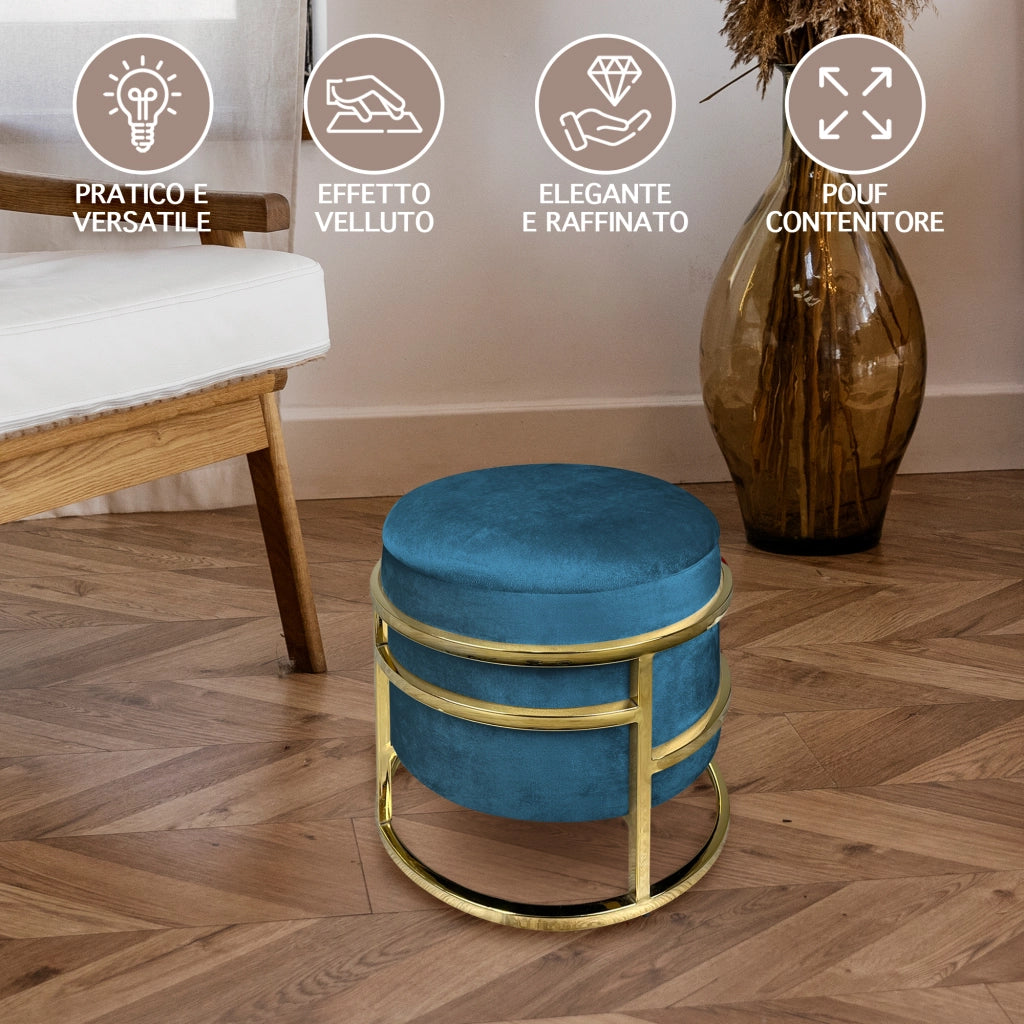Pouf Contenitore Poggiapiedi Velluto Con Struttura Circolare Cromata Oro Elegante Imbottito Sgabello Per Toeletta Mobile Trucco Ottomano Ingresso Camera Da Letto Rotondo - Petrolio