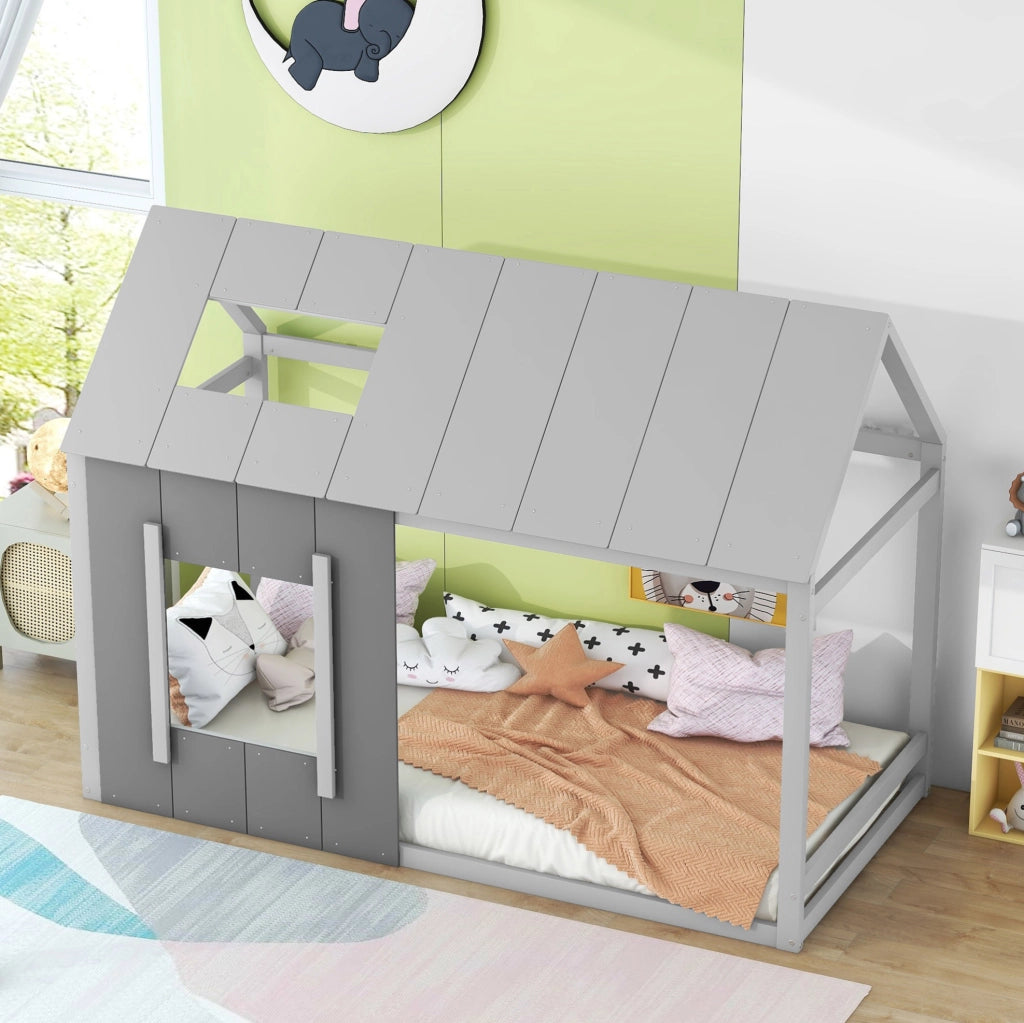 Letto singolo per bambini a casetta 90x200 cm grigio
