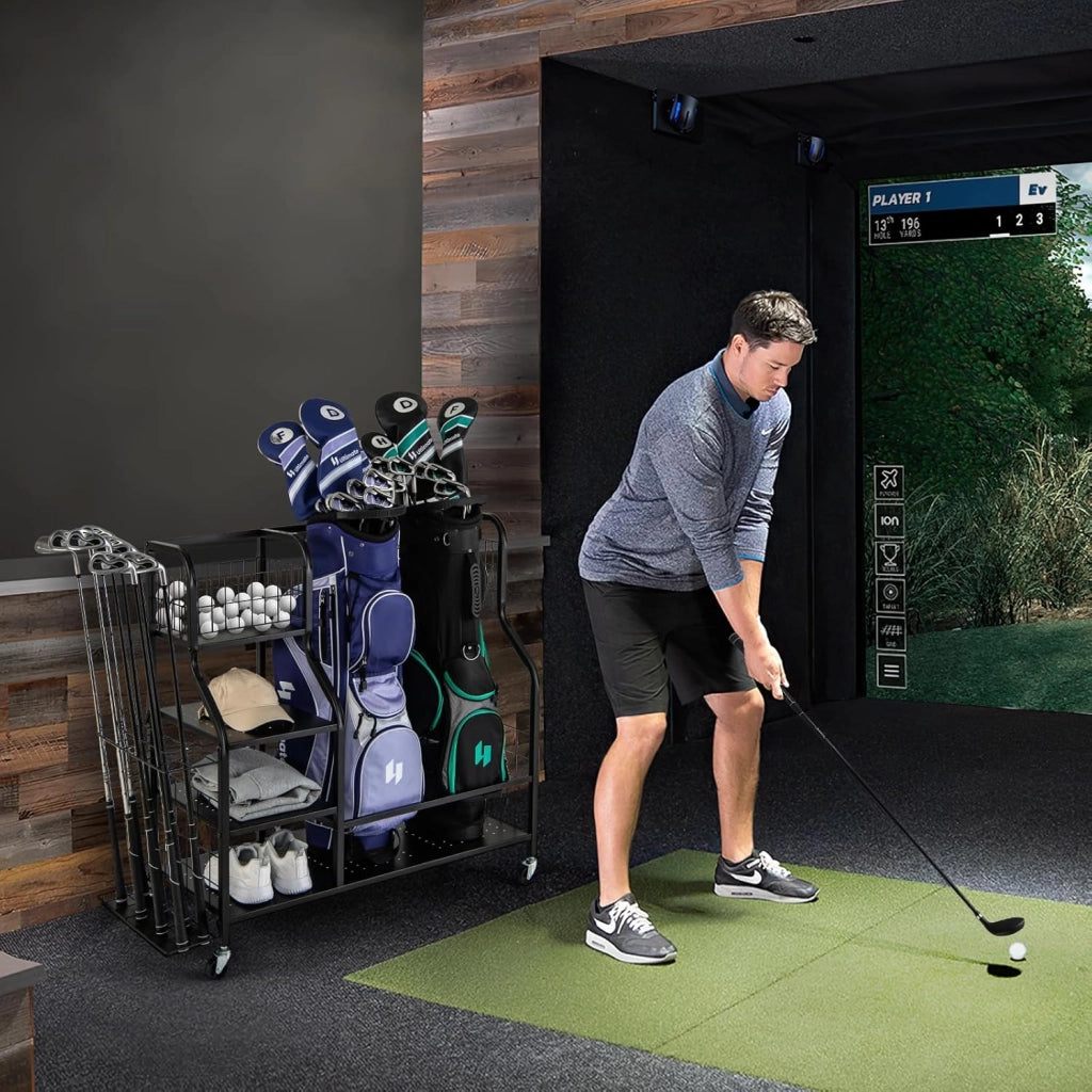 Organizer per Sacca da Golf, Supporto per 2 Borse da Golf con Extra Scaffale di Stoccaggio per Mazze da Golf, 6 Ganci Rimovibili e 4 Ruote per Garage e Club