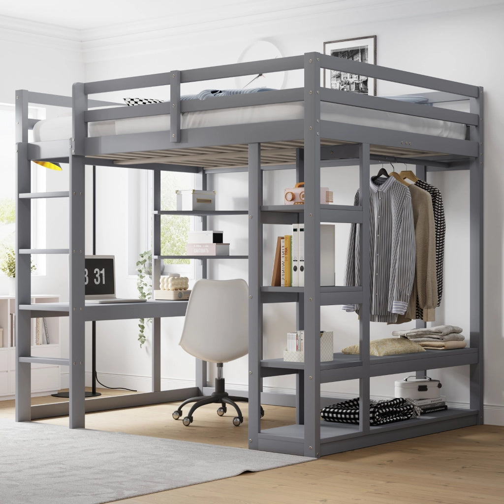 Letto a castello grigio con funzione scrivania e scaffali in legno massello 140x200 cm