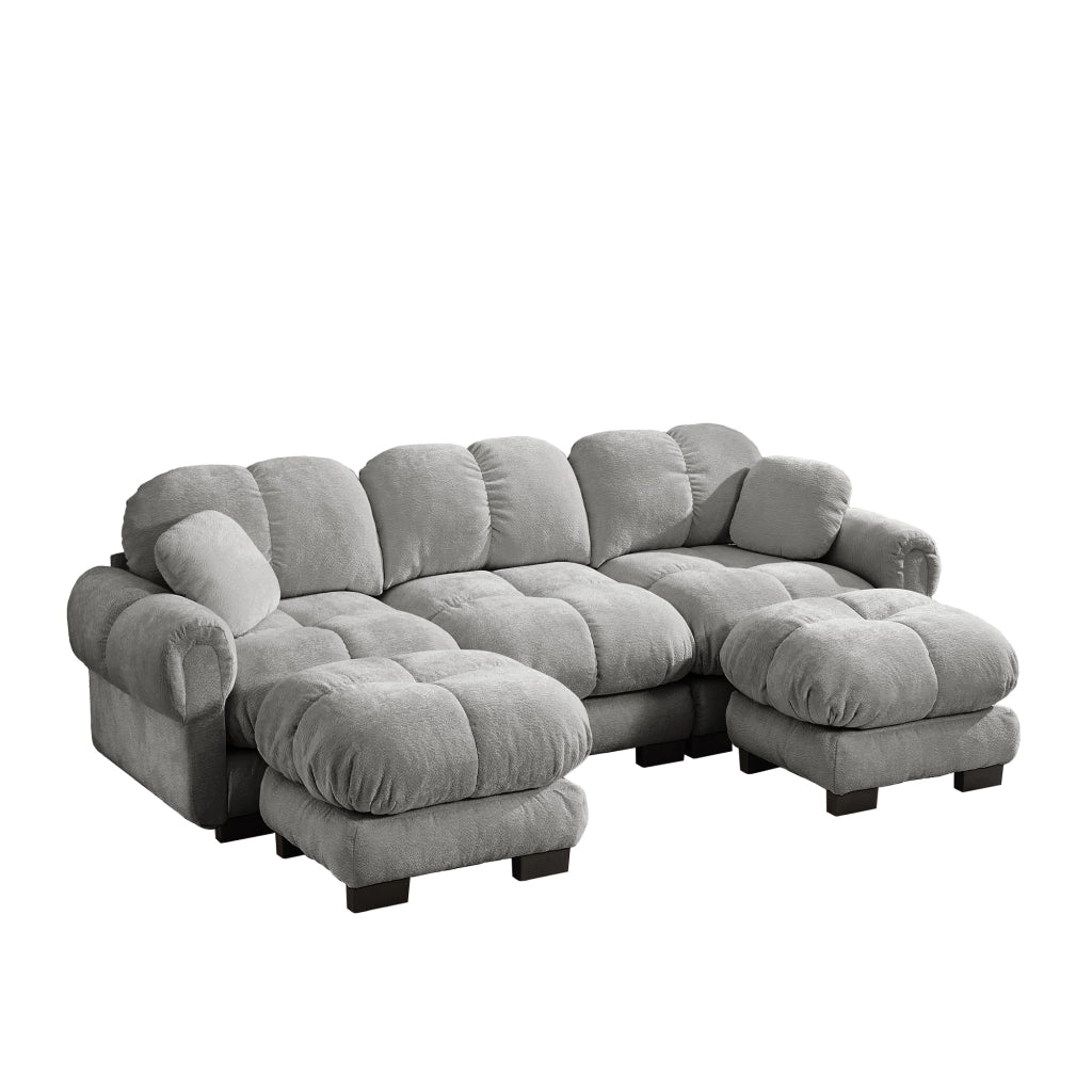 Divano modulare a U 3 posti con pouf mobile e cuscini decorativi; trapuntatura; in ciniglia grigio chiaro