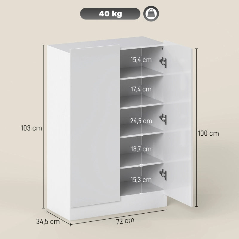 Scarpiera moderna 5 livelli in legno bianco con ripiani regolabili e chiusura soft-close
