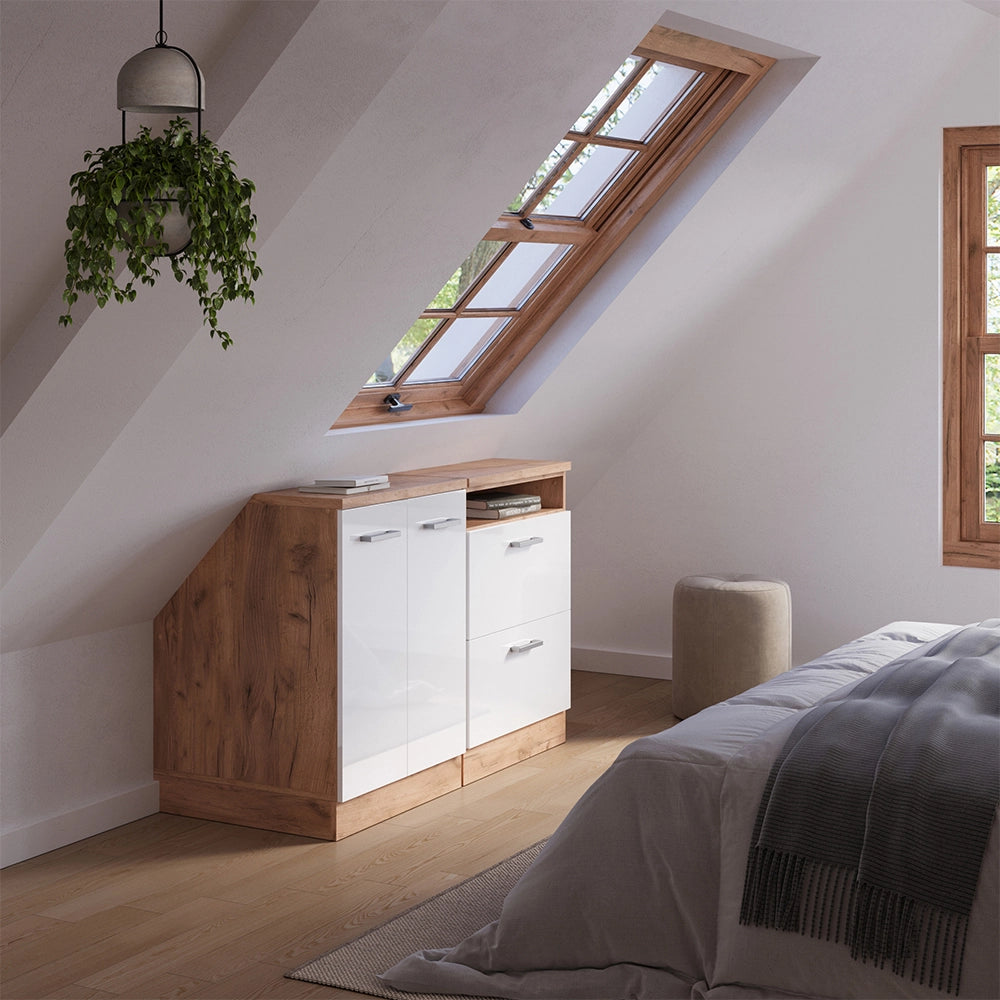 Set di mobili sottotetto Rion Bianco lucido/Rovere dorato 120 cm Set di 2 carcasse armadio profondità 60 cm Vicco