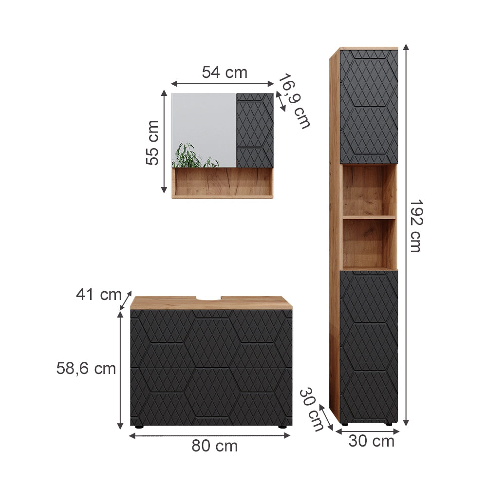 Vicco Set mobili bagno Antracite con struttura a nido d'ape 3 pezzi, con cassettiera e colonna