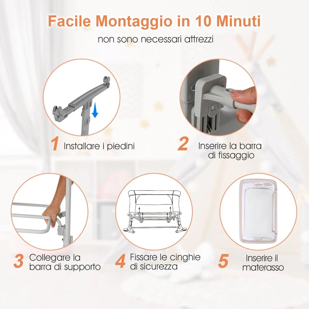 3 in 1 Culla Neonato Fianco Letto, Lettino Neonato Dondolo con Materasso, Culla Co-Sleeping Fino a 9 kg, Altezza Regolabili, 84 x 59,5 x 80,5cm (Beige)
