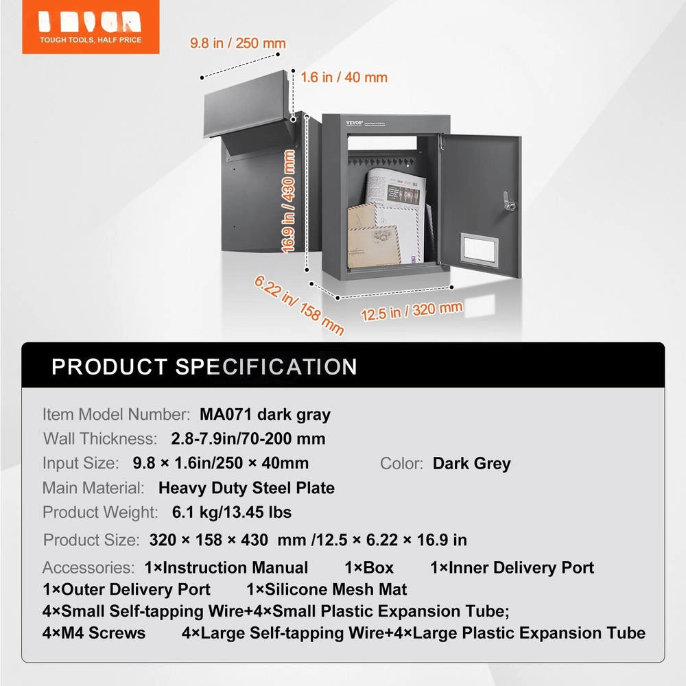 Through-the-wall Mailbox, Built-in Mailbox, 320x158x430mm, Dark Grey