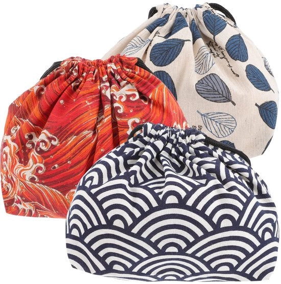 Set di 3 tazze da picnic portatili con cordino, tazze per pranzo giapponesi, tessuto poliestere cotone, per picnic, ufficio, scuola e casa
