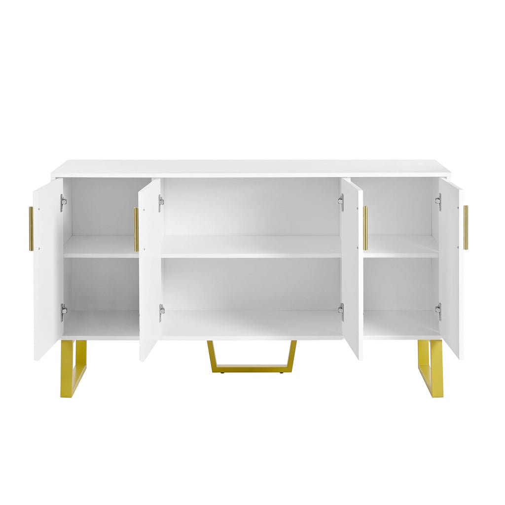 Credenza con 4 Ante; Motivo Geometrico 3D e Piedi in Metallo; Bianco Lucido; in MDF; 140??40??80 cm