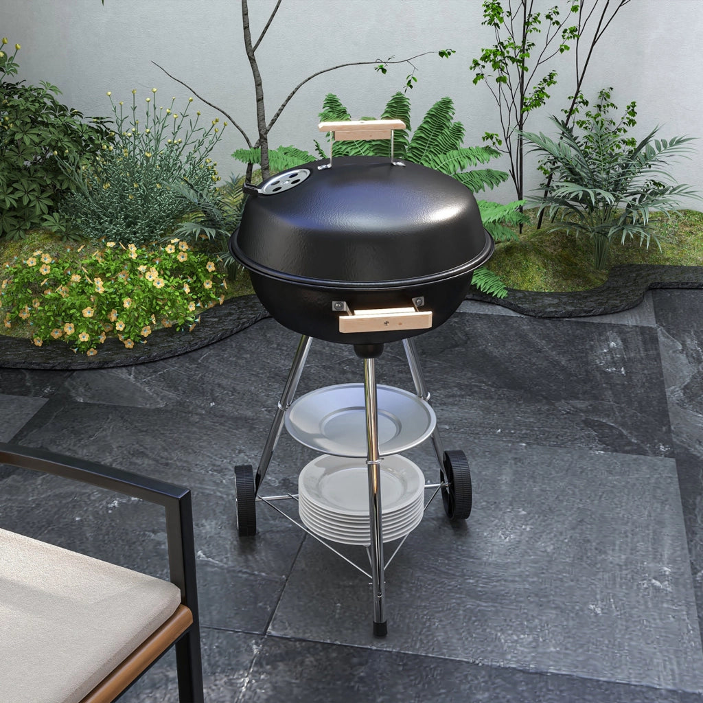 Barbecue a Carbonella con Griglia in Acciaio, Coperchio e Prese d'Aria e Ruote, Nero