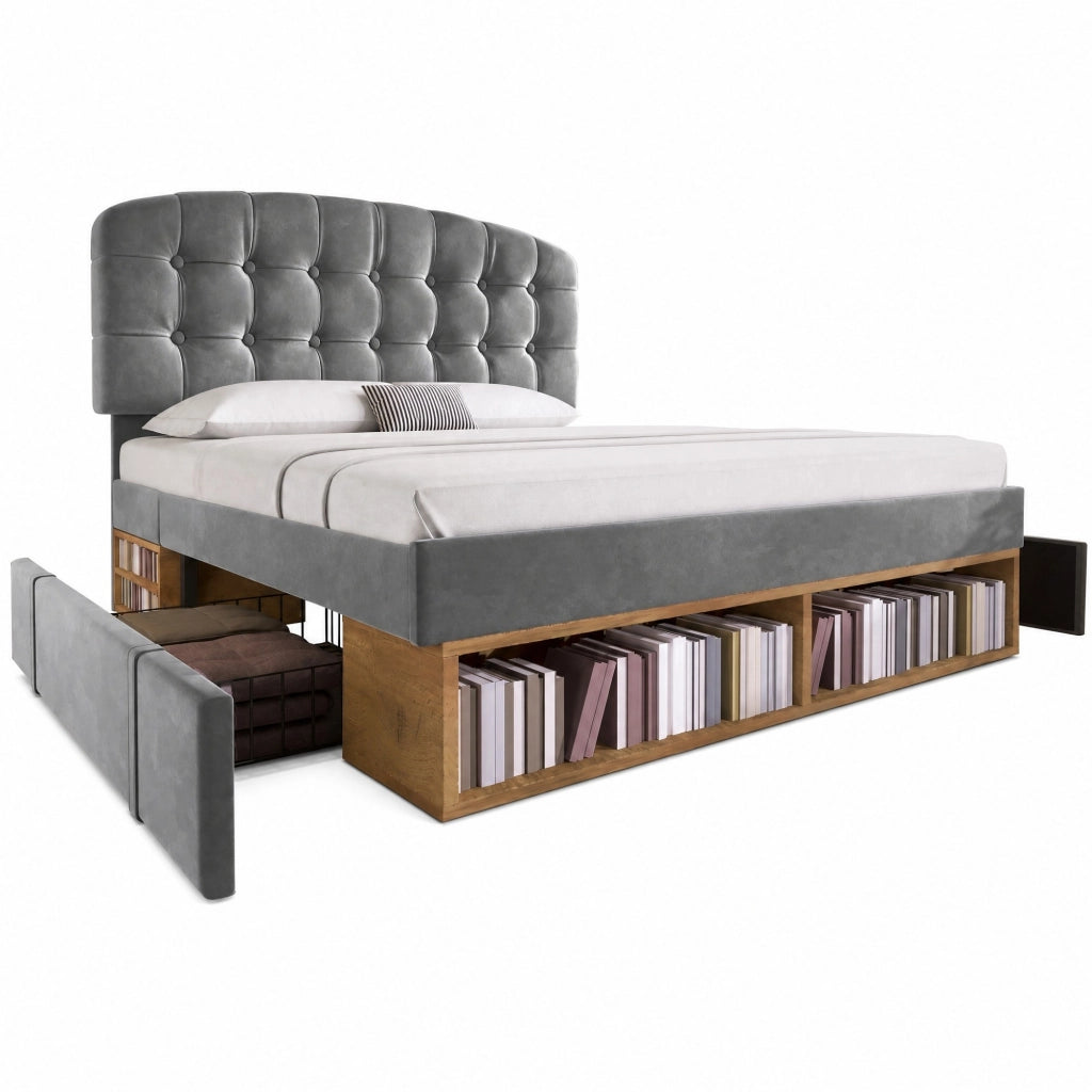 Letto imbottito 140x190cm velluto grigio con testiera regolabile, cassetti e rete a doghe