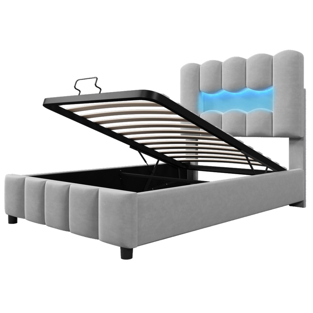 Letto imbottito 90x200 cm con contenitore idraulico; testiera regolabile; LED; velluto grigio