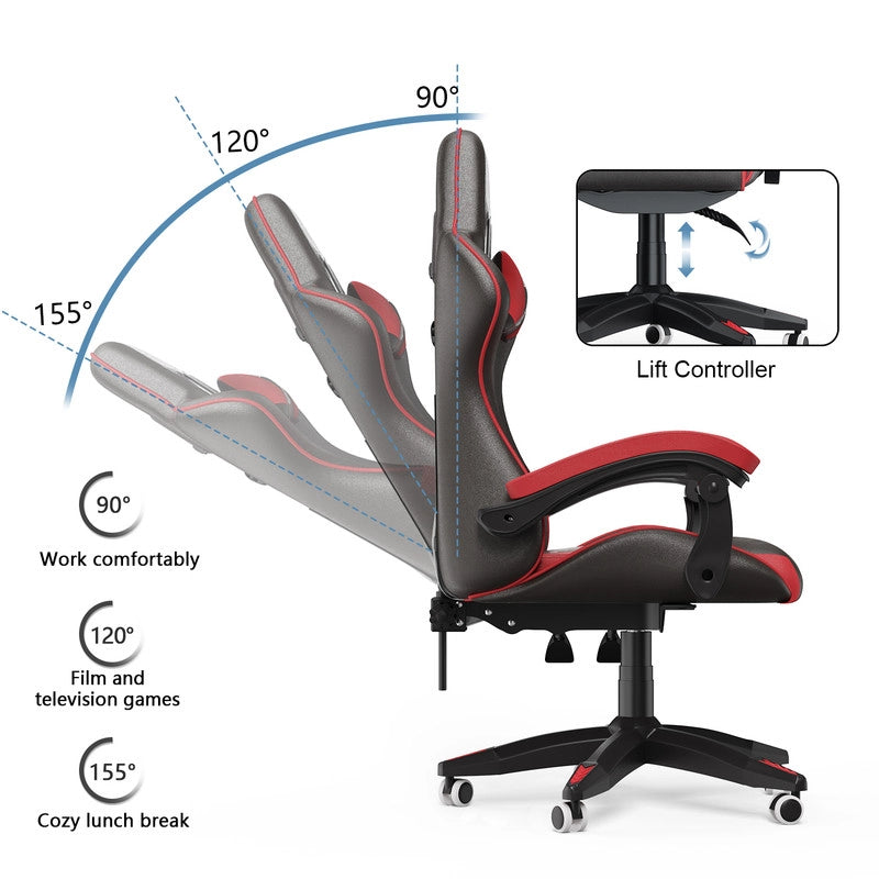 Sedia da gioco,  Sedia da gioco ergonomica, altezza regolabile, schienale reclinabile, braccioli e poggiatesta, nero e rosso